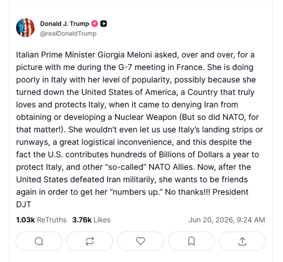 Trump voltou a falar sobre a primeira-ministra da Itália, Giorgia Meloni — Foto: Reprodução/Truth Social