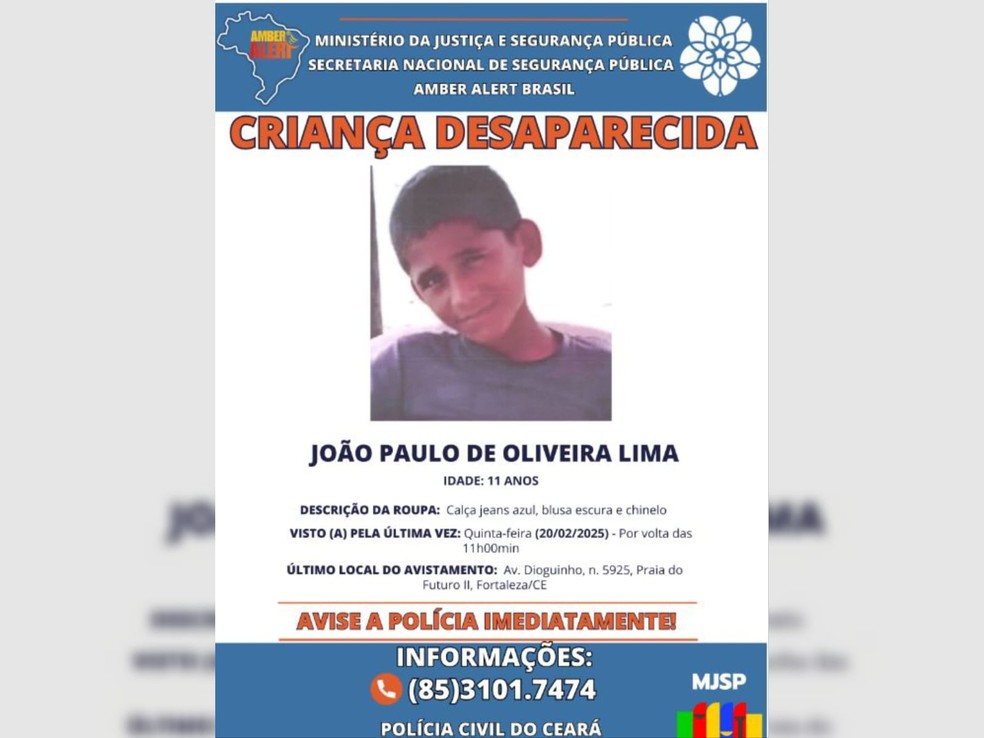 Amber Alerts foi acionado para ajudar nas buscas por garoto em Fortaleza. — Foto: Ministério da Justiça/ Reprodução