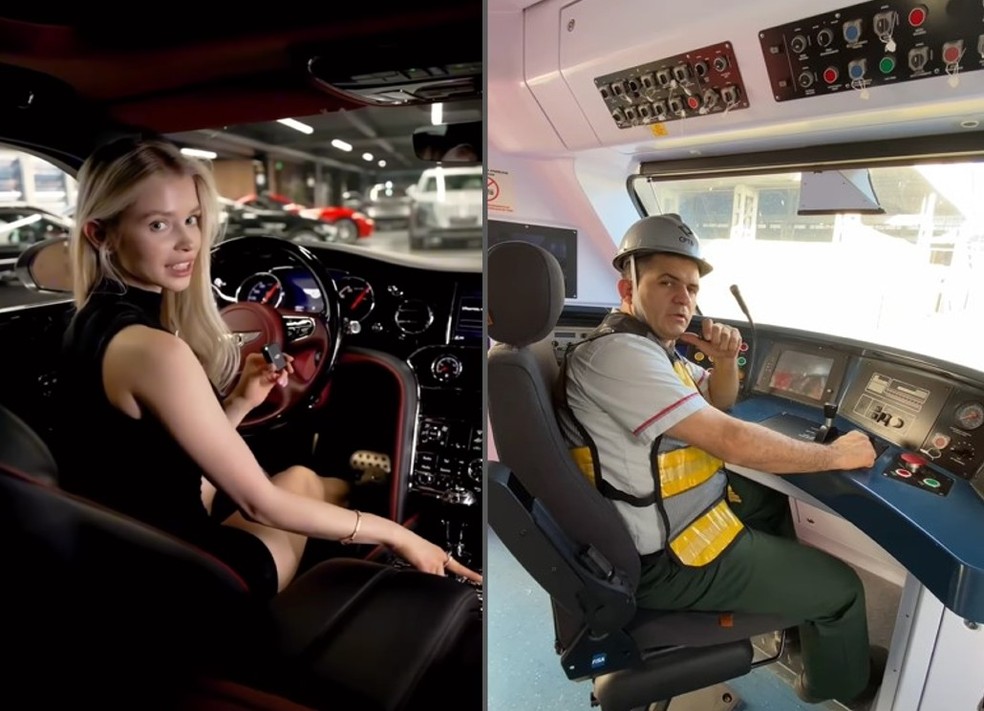 A esquerda, a modelo russa Alla Brutelova mostra, em seu perfil no TikTok, detalhes de um Bentley Mulsanne;  direita, um funcionrio da CPTM identificado como Daniel imita trejeitos da 'rival' enquanto defende os predicados de um vago do transporte pblico de So Paulo, em vdeo que viralizou  Foto: brutelova/TikTok e cmpt_oficial/Instagram