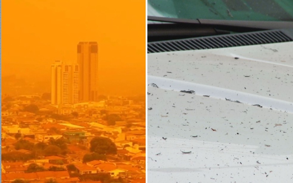 Céu alaranjado por conta de poluição em Jataí; fuligem causada pelos incêndios na cidade — Foto: Reprodução/TV Anhanguera