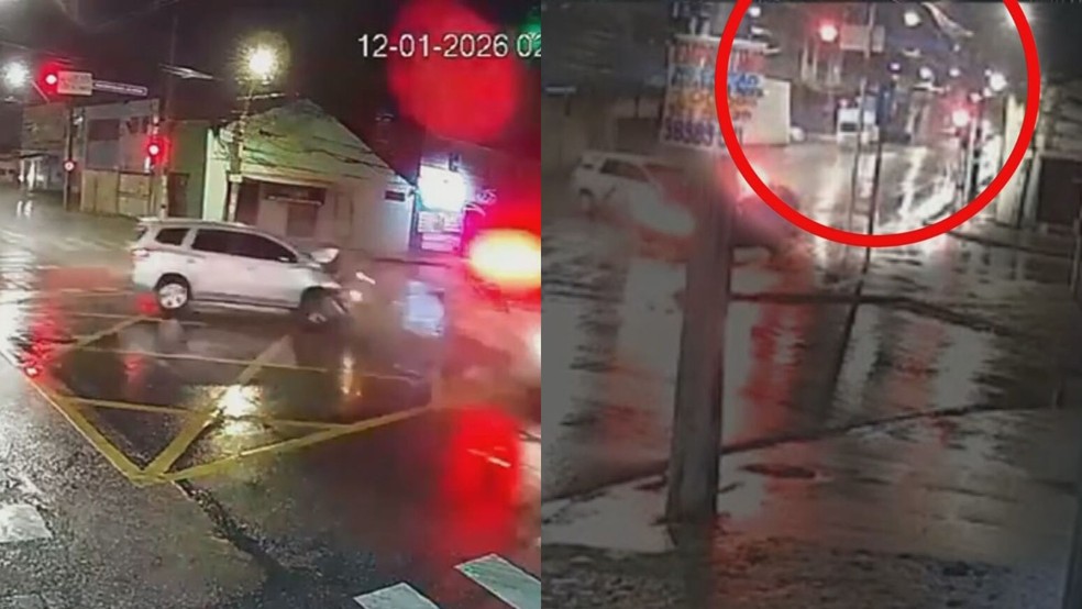 Vídeo mostra que viatura da PM avançou sinal vermelho antes de bater em carro — Foto: Reprodução/TV Globo