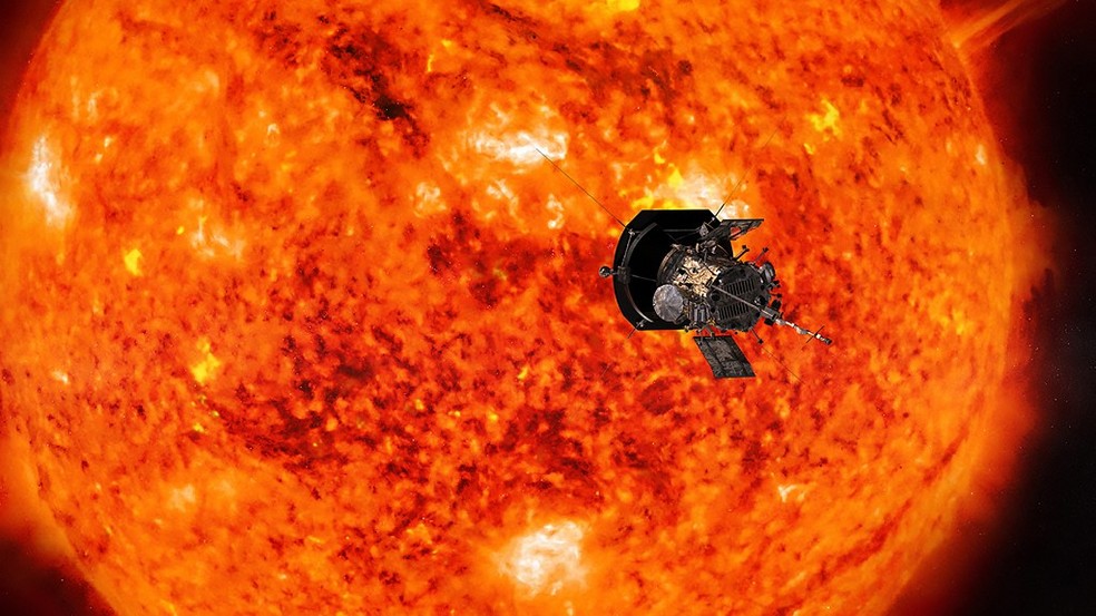 Sonda Parker explorando o Sol — Foto: HANDOUT / NASA/Johns Hopkins APL / AFP