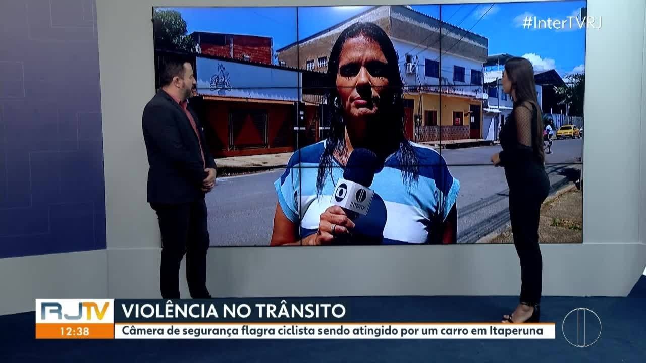 Imagens de segurança registram acidente grave entre bicicleta e carro em Itaperuna