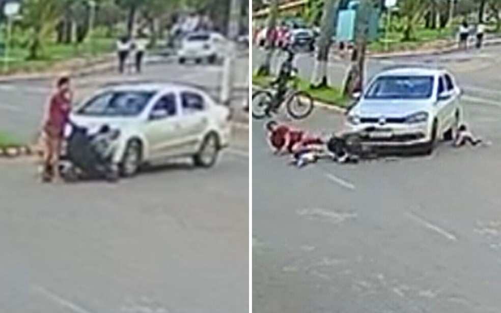 Carro atropela me e arremessa bebs em carrinho no meio da rua, em Petrolina de Gois  Foto: Reproduo/TV Anhanguera