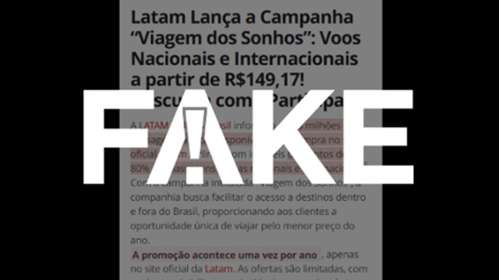 É #FAKE página que imita g1 e anuncia promoção da Latam de passagens a partir de R$ 149; trata-se de golpe | Foto: Reprodução