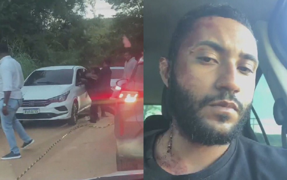 Uma testemunha gravou o momento das agressões. À direita, Gabriel ferido, já dentro do seu carro. — Foto: Reprodução/ TV Anhanguera