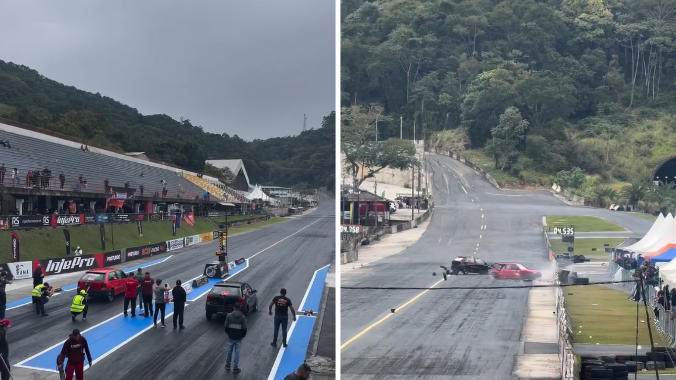 VÍDEO: Carro perde controle, fica sem roda e colide com adversário em competição de 'arrancadão' em SC
