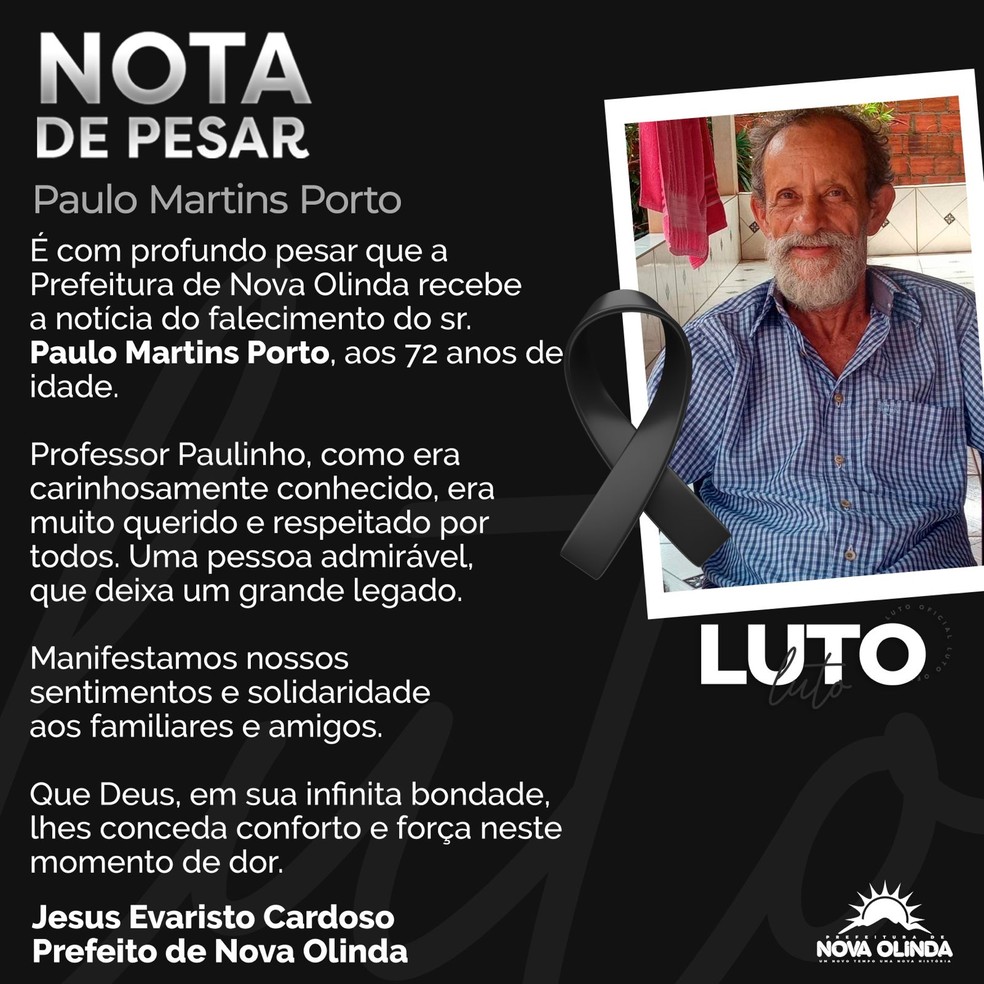 Prefeitura de Nova Olinda publica nota de pesar — Foto: Reprodução/Prefeitura de Nova Olinda