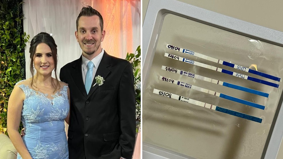 Karine e o marido, Lucas. Ela fez diversos testes de gravidez após a última fertilização in vitro — Foto: Arquivo pessoal