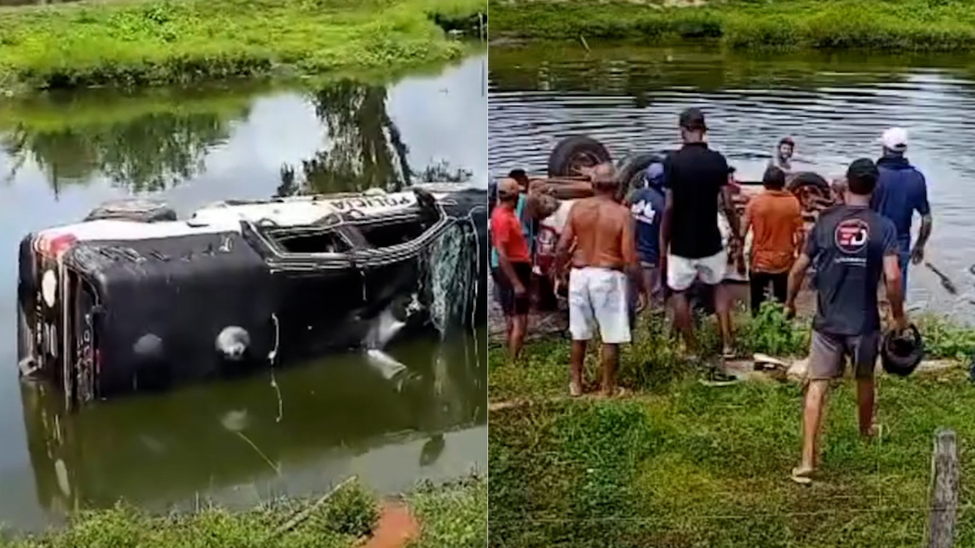 VIDEO: Viatura da Polícia Civil capota e cai em açude de Matinha; dois policiais ficam feridos
