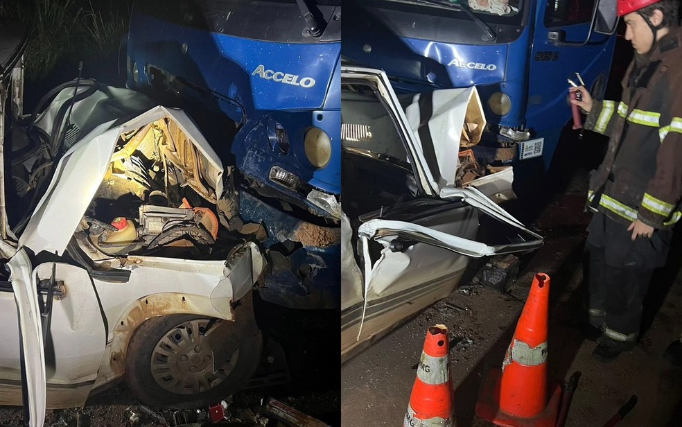 Idoso morre após batida entre carro e caminhão na MG-846, perto do trevo de Nova Resende, MG — Foto: Corpo de Bombeiros