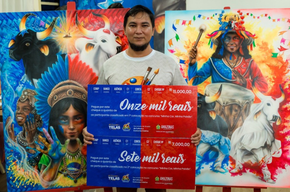 Obra “Parintins, a Cor da Minha Raça” é escolhida como tela oficial do Festival de Parintins 2026. — Foto: Sidney Simas/SECOM
