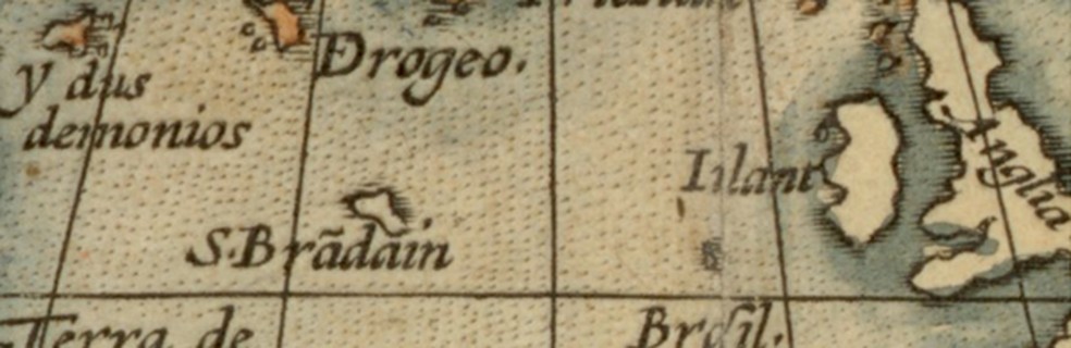 Detalhe do mapa Typus Orbis Terrarum (1570). Ilhas São brandão e Brazil — Foto: Biblioteca do Congresso dos Estados Unidos