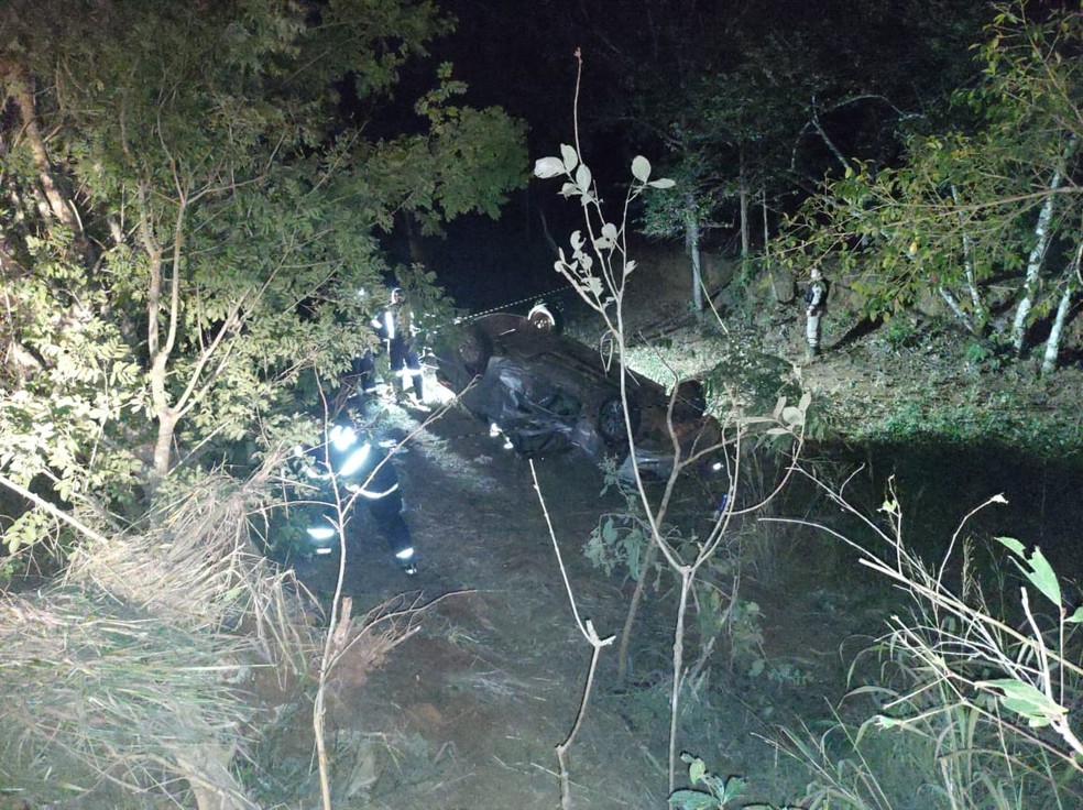 Carro capotou fora da pista — Foto: Corpo de Bombeiros/Divulgação