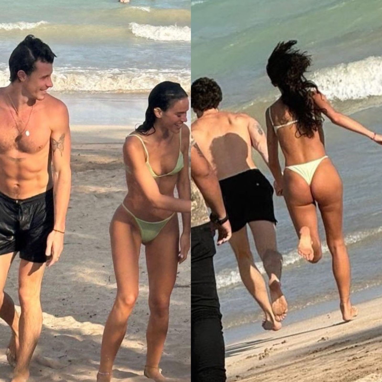 Bruna Marquezine e Shawn Mendes correm de mãos dadas para o mar após Réveillon; VÍDEO