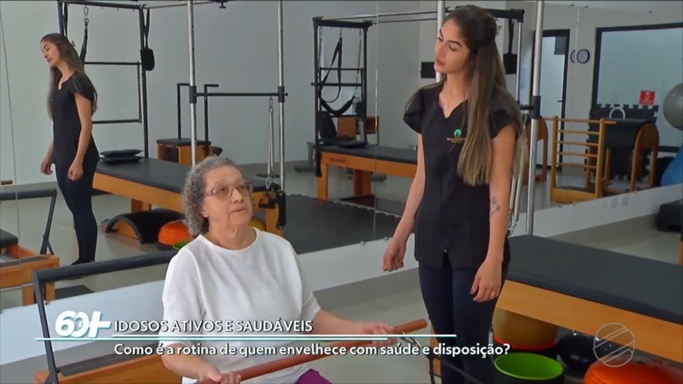 Dona Leia, 84 anos não perde uma aula de pilates e não falta na academia — Foto: TVCA/ Reprodução