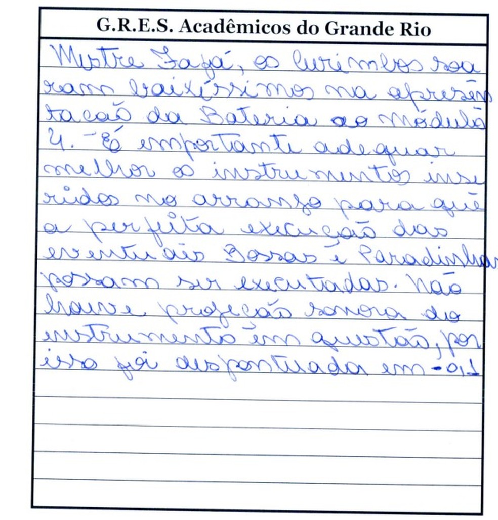 Jurada Geiza Carvalho deu 9,9 para a bateria da Grande Rio  — Foto: Reprodução site da Liesa