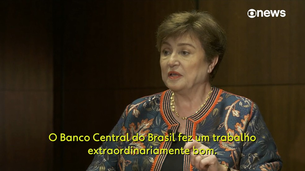 Kristalina Georgieva, diretora-geral do Fundo Monet&aacute;rio Internacional (FMI), em entrevista ao Mais, da GloboNews &mdash; Foto: GloboNews