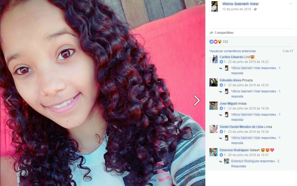 Vitória Gabrielli Vidal, de 14 anos, foi encontrada morta em um matagal, em 2017 — Foto: Reprodução/ Facebook