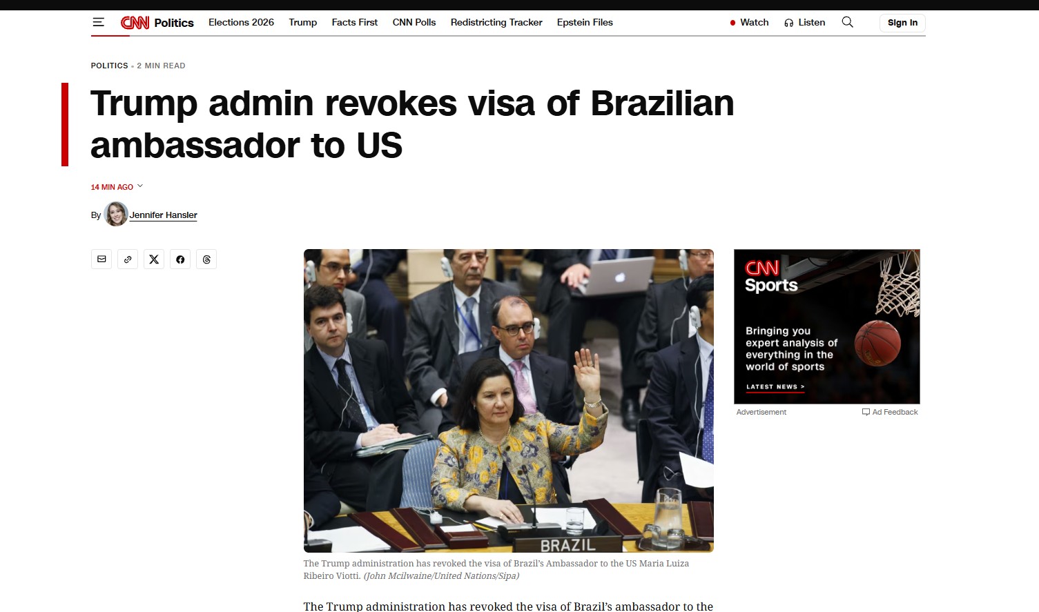 'Tensão entre Washington e Brasília': imprensa internacional repercute visto revogado de embaixadora do Brasil nos EUA