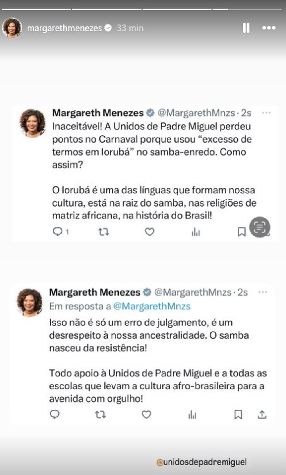 Ministra Margareth Menezes critica argumento de juiz da Liesa que tirou ponto da UPM por excesso de termos em Iorubá — Foto: Reprodução