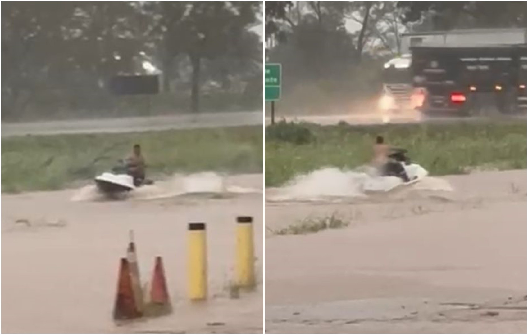 Morador faz manobras com moto aquática em rua alagada em Campinorte durante chuva; vídeo 