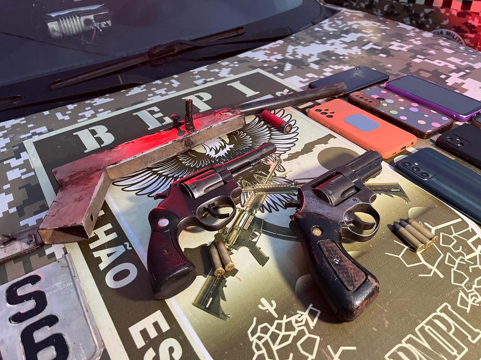 Armas apreendidas durante prisão de suspeitos de matar pai e filha no PI — Foto: Divulgação/PMPI
