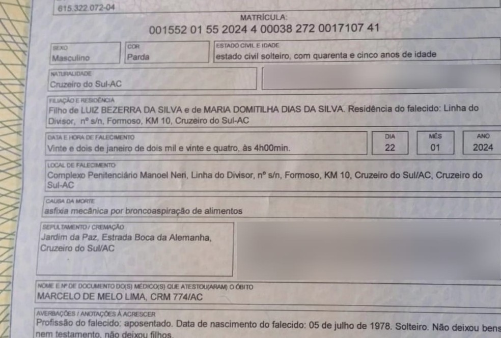 Certidão de óbito aponta morte por asfixia mecânica devido a broncoaspiração de alimentos — Foto: Reprodução/Rede Amazônica Acre