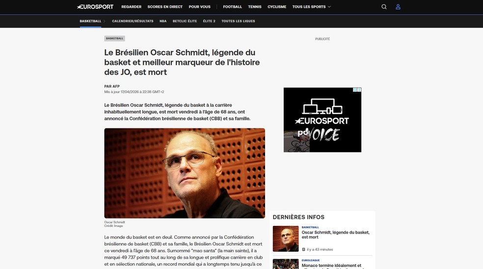 Eurosport fala sobre a morte de Oscar Schmidt — Foto: Reprodução
