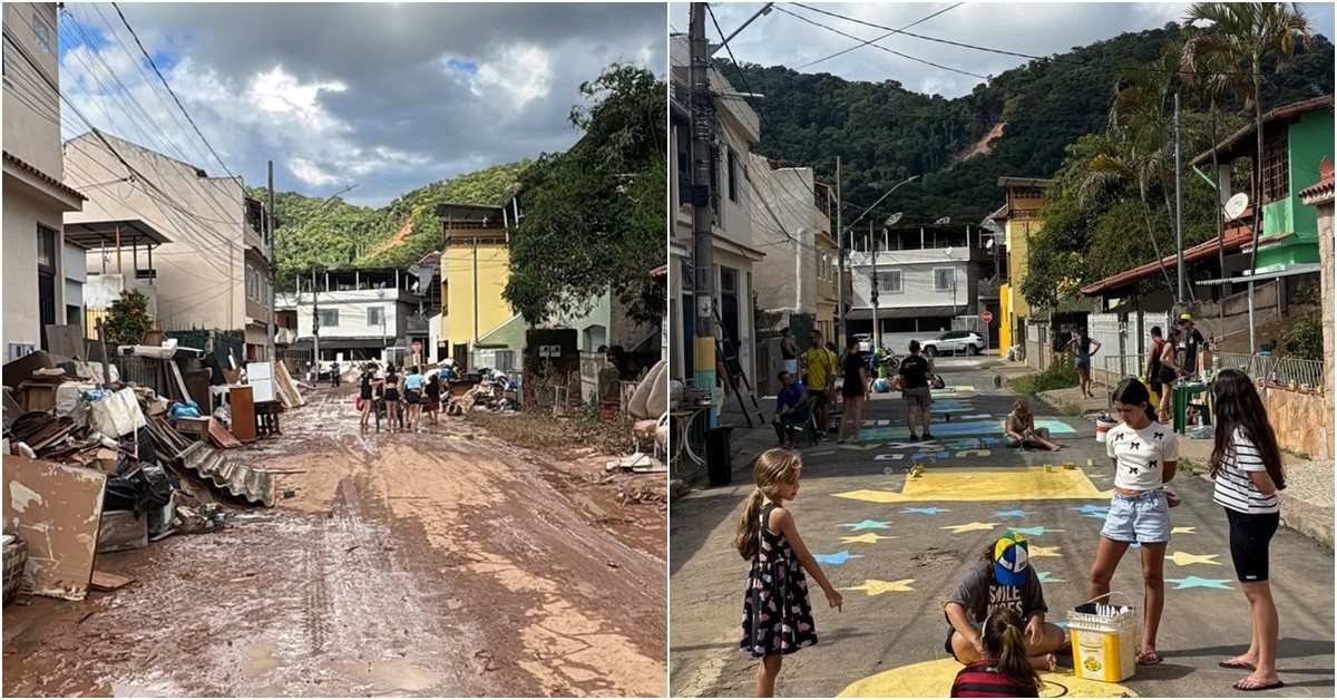 Moradores pintam para a Copa rua que foi destruída pela chuva em Juiz de Fora