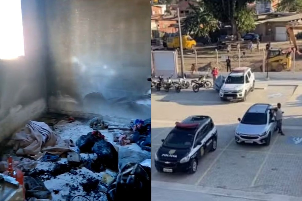 Incêndio foi provocado por adolescente, de 14 anos, em Guarujá — Foto: Reprodução e Netto Santos