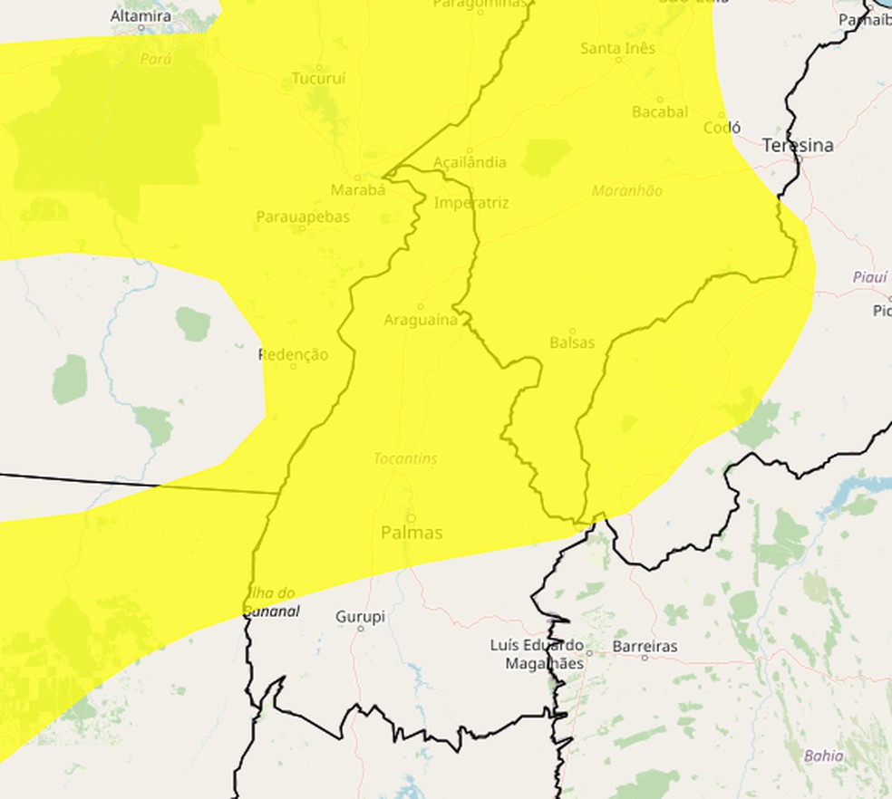Tocantins tem alerta amarelo para chuvas intensas — Foto: Reprodução/Inmet