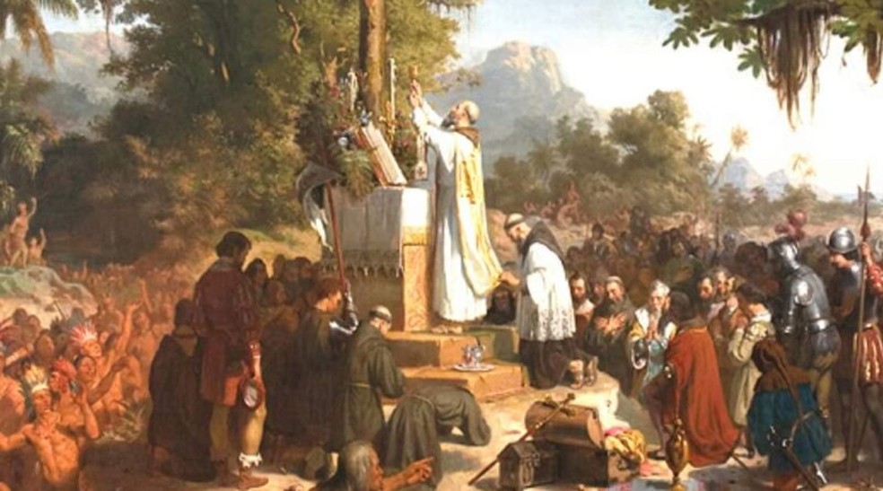"A Primeira Missa no Brasil" foi pintado por Victor Meirelles, um dos principais nomes do romantismo na pintura brasileira — Foto: Reprodução