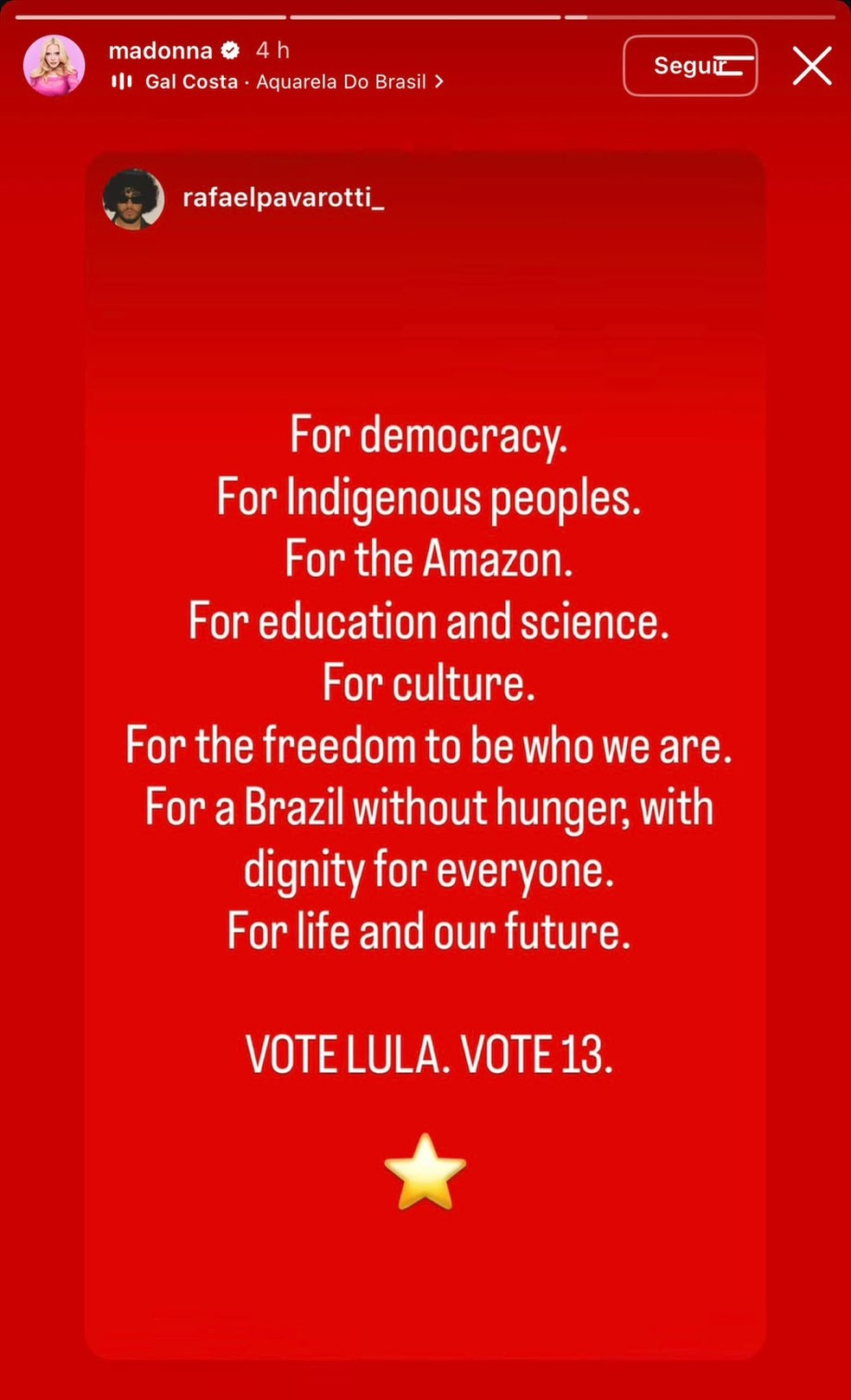 Madonna compartilhou nos Stories do Instagram uma mensagem de apoio à candidatura de Lula (PT) nesta sexta-feira (23). — Foto: Reprodução/Stories do Instagram/Madonna