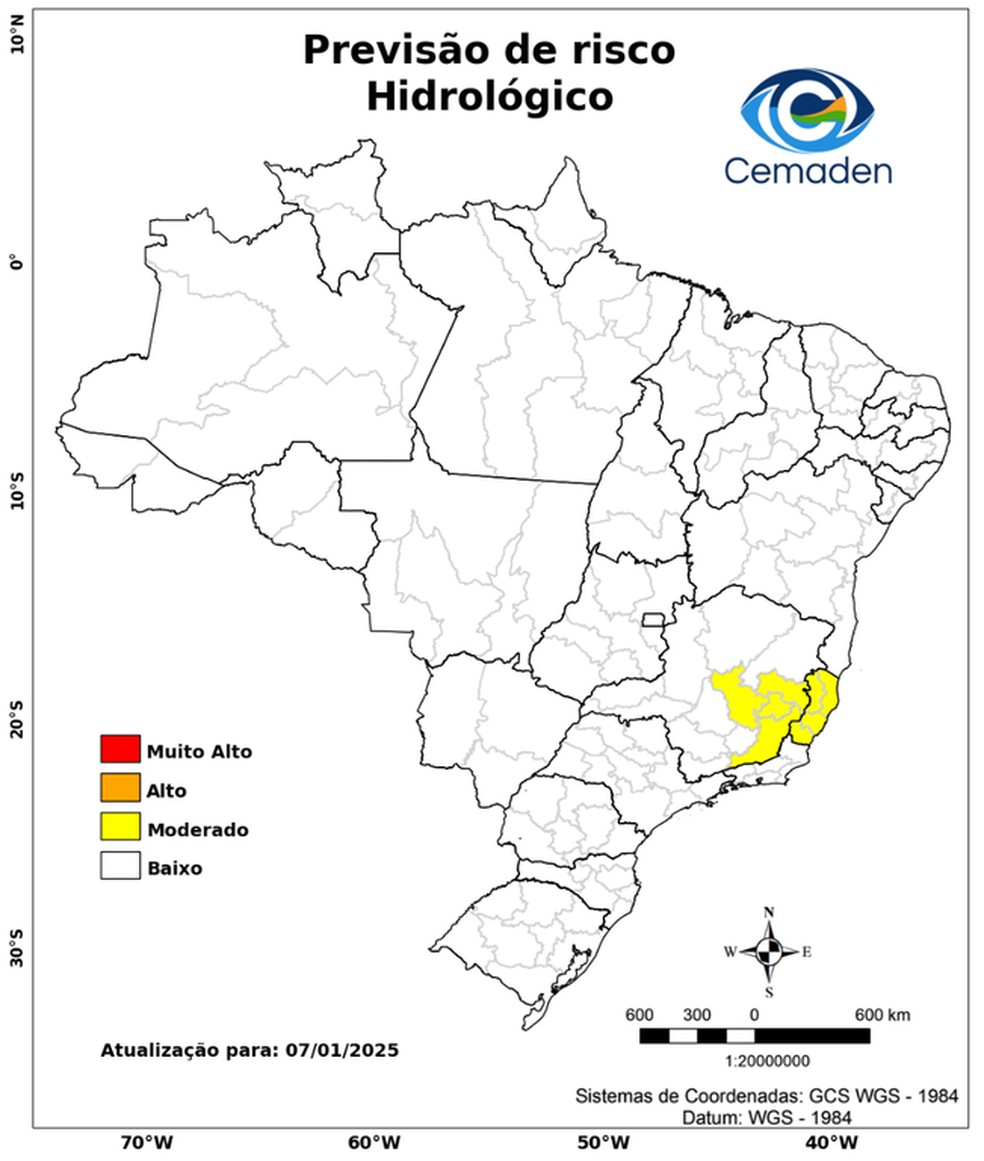 Possibilidade de ocorrência de eventos hidrológicos — Foto: Centro Nacional de Monitoramento e Alertas de Desastres Naturais (Cemaden)