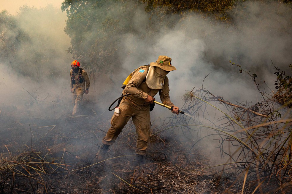 Escassez de água e fogo subterrâneo dificultam combate a incêndio no  Pantanal de MT perto da fronteira com a Bolívia, Mato Grosso