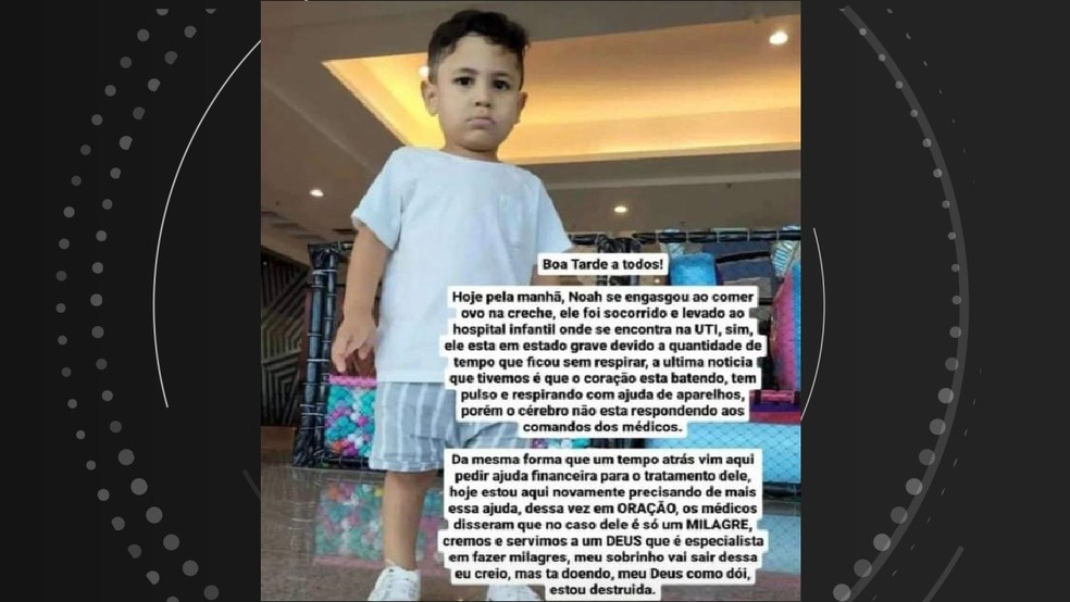 Familiares e amigos pediam orações a Noah nas redes sociais enquanto ele estava internado — Foto: Reprodução/Redes sociais