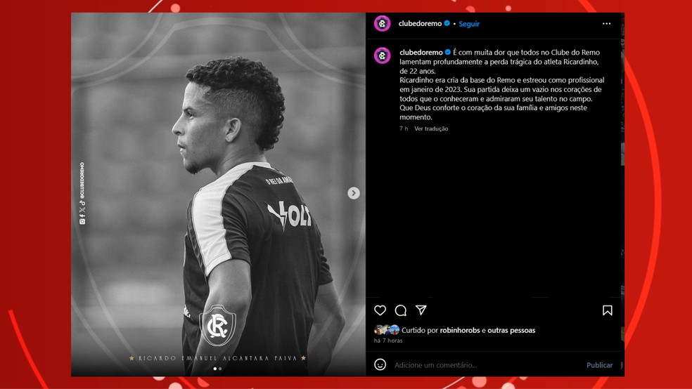 Clube do Remo lamentou morte de jogador. — Foto: Reprodução / Redes sociais