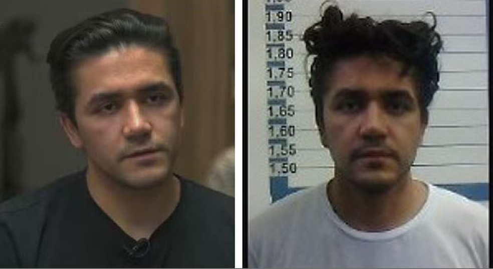 Fernando Sastre em entrevista ao Fantástico (à esquerda) e depois na prisão em Guarulhos (à direita) — Foto: Reprodução