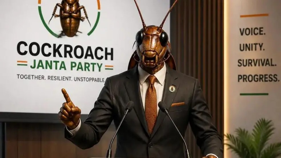 O "Partido do Povo Barata" adotou uma abordagem irreverente na Índia - imagem produzida com inteligência artificial — Foto: Site do Cockroach Janta Party