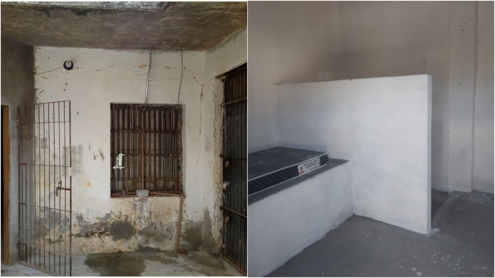 Antes x depois: Área onde ficavam celas para presos provisórios foi reformada na atual UPR de Barra do Corda — Foto: Divulgação/MP-MA/SEAP