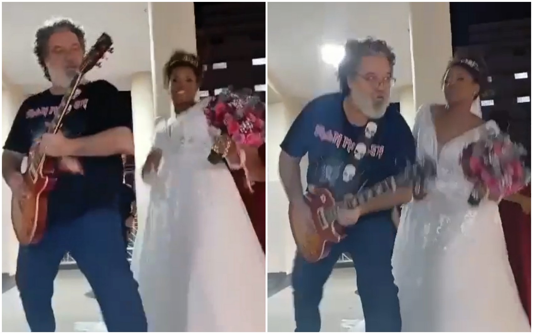 Noivos são surpreendidos por músico tocando guitarra na porta da igreja após cerimônia em MG; veja VÍDEO