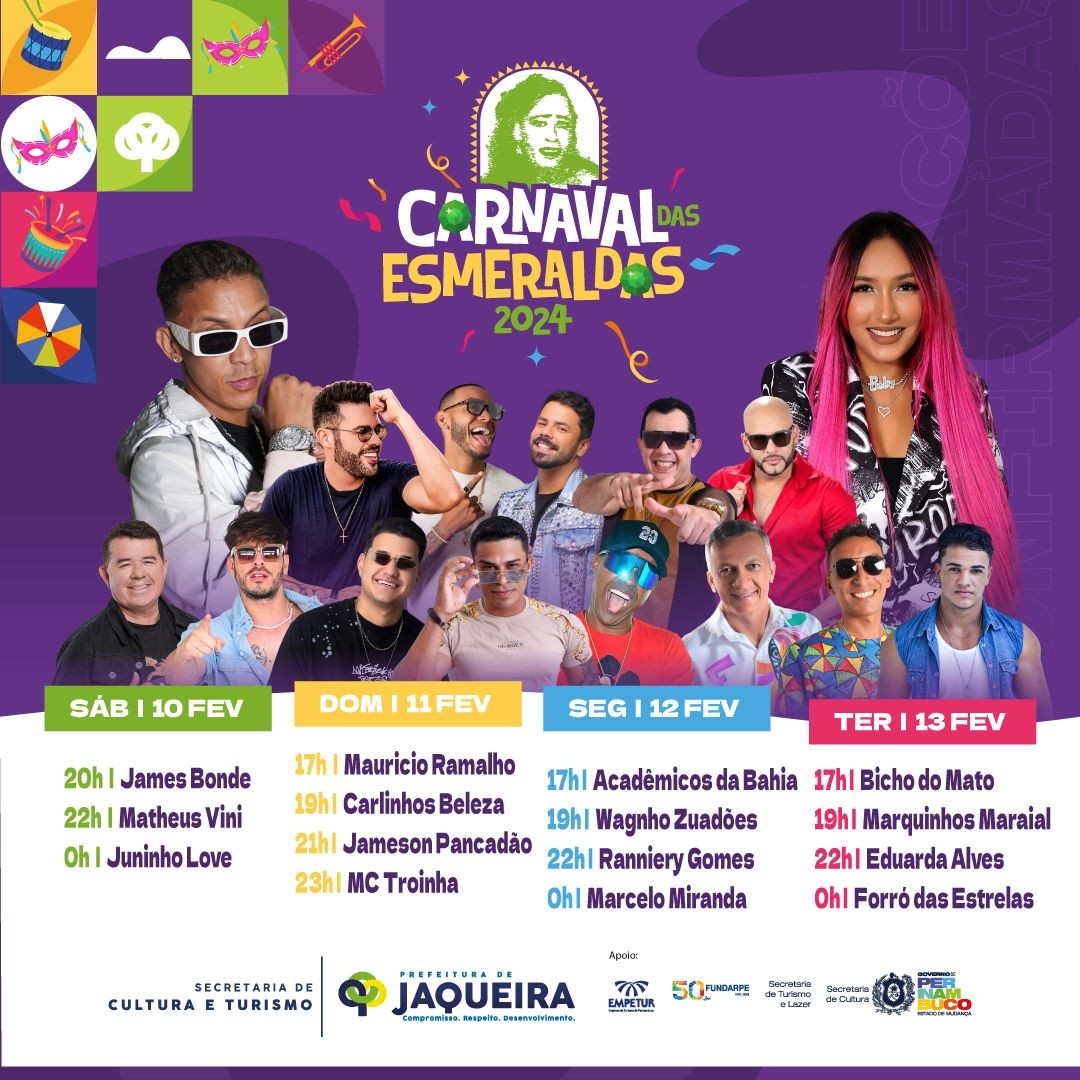 Confira a programação do ‘Carnaval das Esmeraldas’ em Jaqueira em 2024