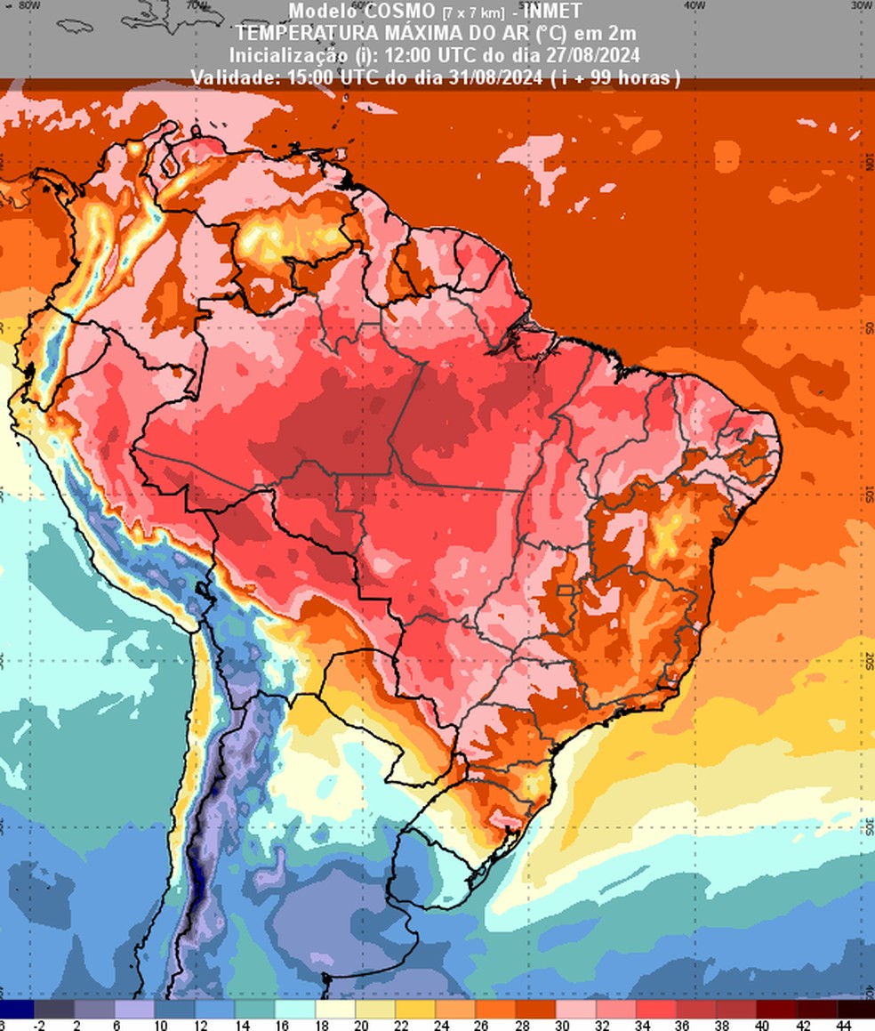 Mapa mostra a previsão de temperaturas máximas para o fim de semana. Calor deve voltar em todo o Brasil. — Foto: Inmet