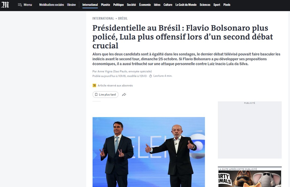 Como a imprensa internacional repercutiu o último debate entre Flávio e Lula — Foto: Reprodução/Le Monde