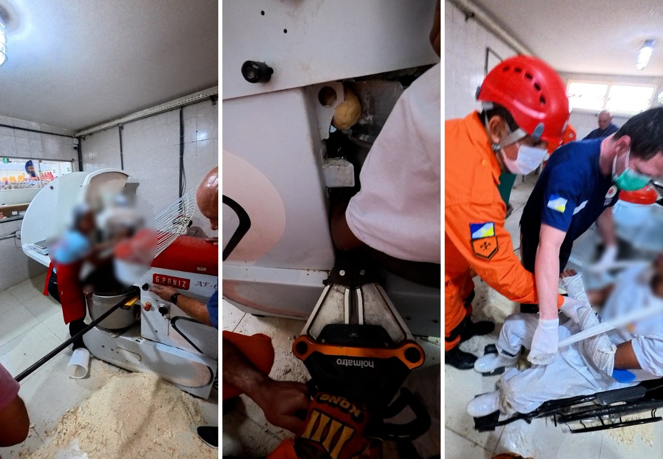 Vídeo mostra resgate de padeiro que ficou com braço preso em batedeira industrial