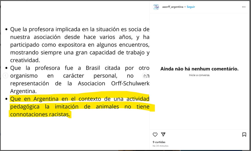 Post da AAOrff sobre incidente com associada — Foto: Reprodução