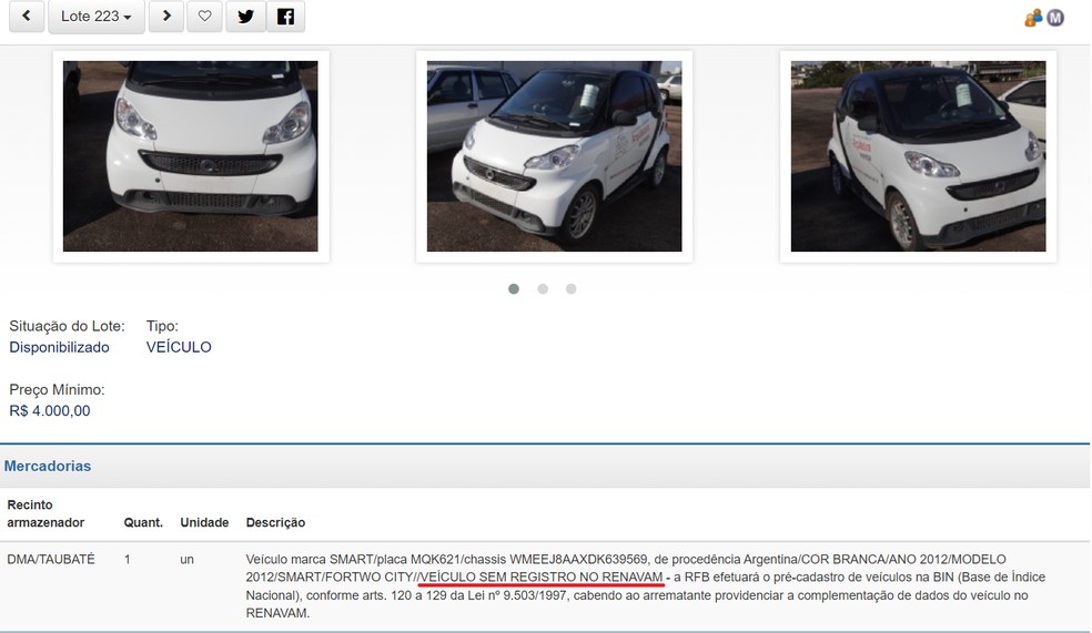 Smart ForTwo sem documentação brasileira tem lance inicial de R$ 4 mil — Foto: Receita Federal