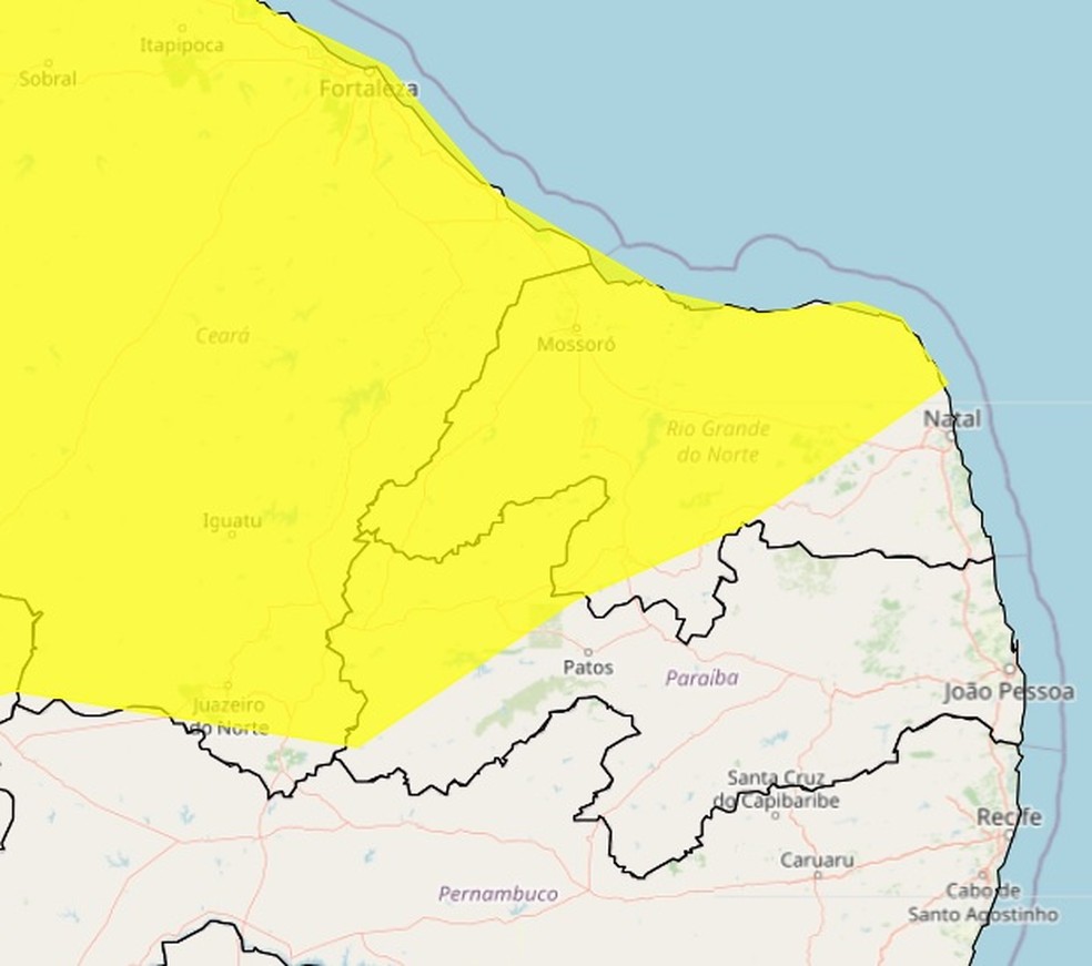 Inmet renova alerta de chuvas intensas  para 124 cidades do RN — Foto: Inmet