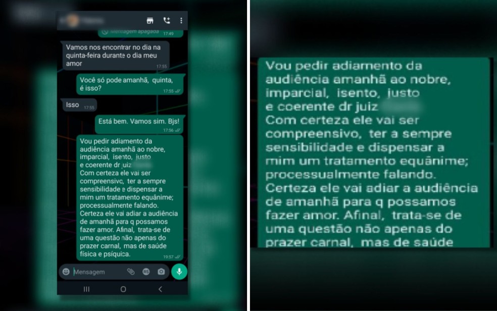 Print de conversa do advogado com a mulher que ele marcou encontro para fazer sexo em dia de audiência, em Goiânia — Foto: Reprodução